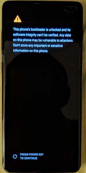Samsung Galaxy S10 Bootloader Warning Screen