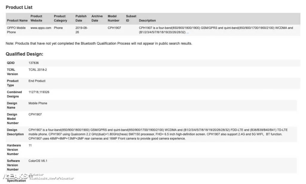 Oppo CPH1907 specs bluetooth listing