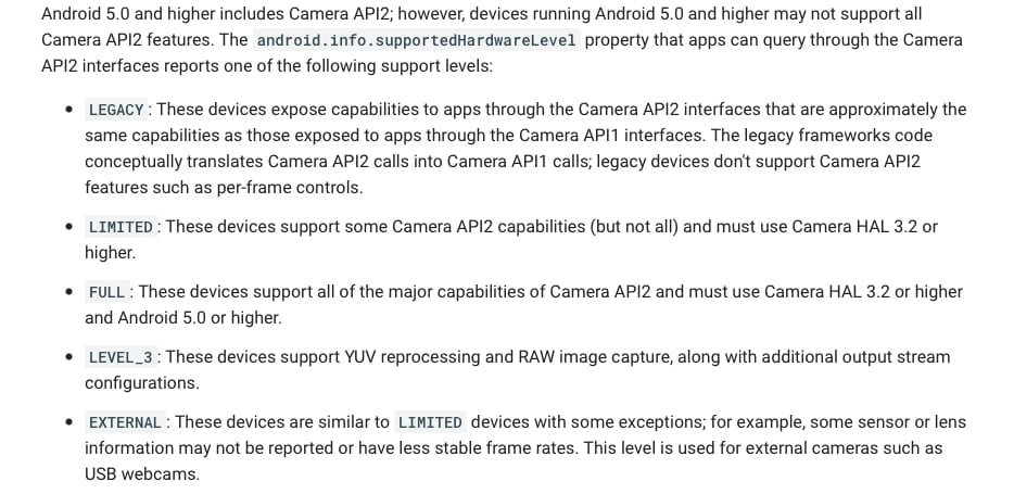 Camera2API levels